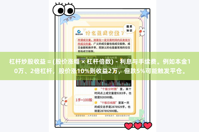杠杆炒股收益 = (股价涨幅 × 杠杆倍数) - 利息与手续费。例如本金10万、2倍杠杆，股价涨10%则收益2万，但跌5%可能触发平仓。